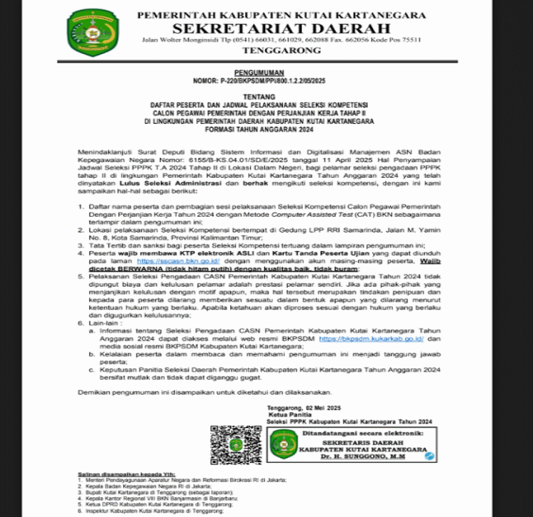 Seleksi PPPK Kukar Tahap II Digelar 8–9 Mei 2025, Ini Syaratnya